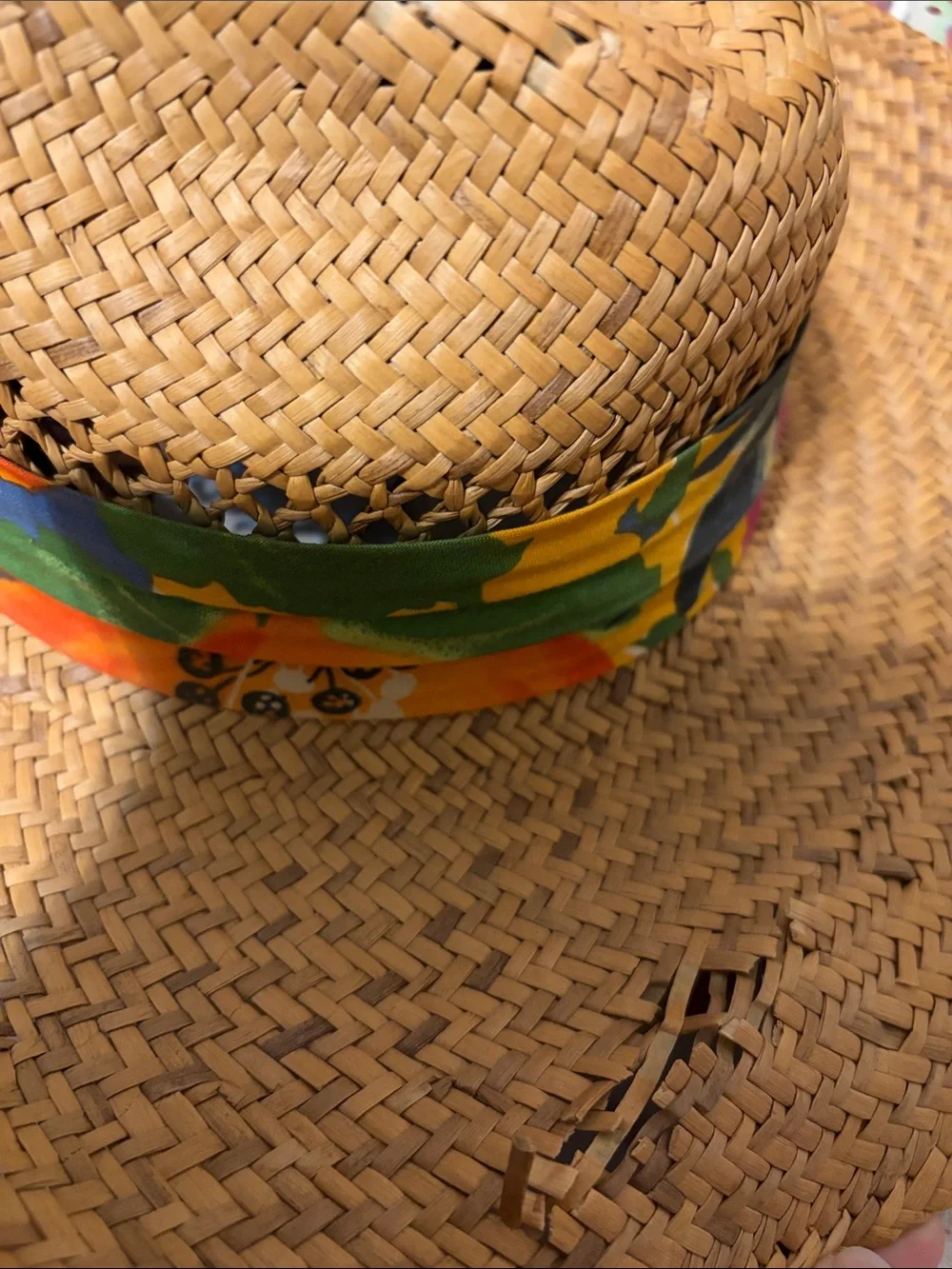 Straw Wide-Brim Sun Hat with Orange Scarf Accent